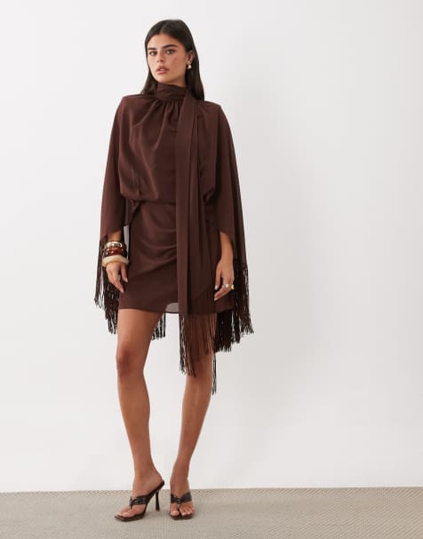 ASOS DESIGN shoulder pad tie neck fringe sleeve mini dress in brown - view 1