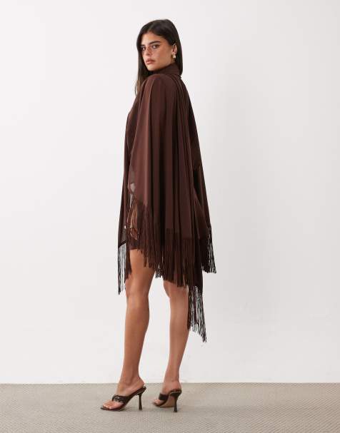 ASOS DESIGN shoulder pad tie neck fringe sleeve mini dress in brown - view 1