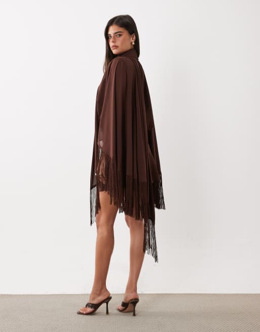 ASOS DESIGN shoulder pad tie neck fringe sleeve mini dress in brown, 2 of 4
