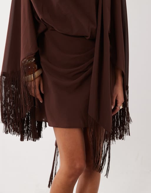 ASOS DESIGN shoulder pad tie neck fringe sleeve mini dress in brown, 3 of 4