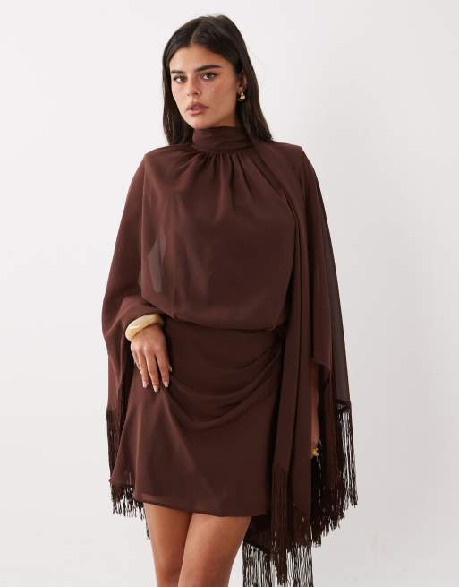 ASOS DESIGN shoulder pad tie neck fringe sleeve mini dress in brown, 4 of 4