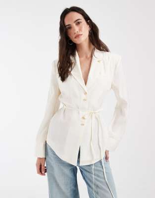 Asos Design Shoulder Pad Tie Waist Soft Blazer In White