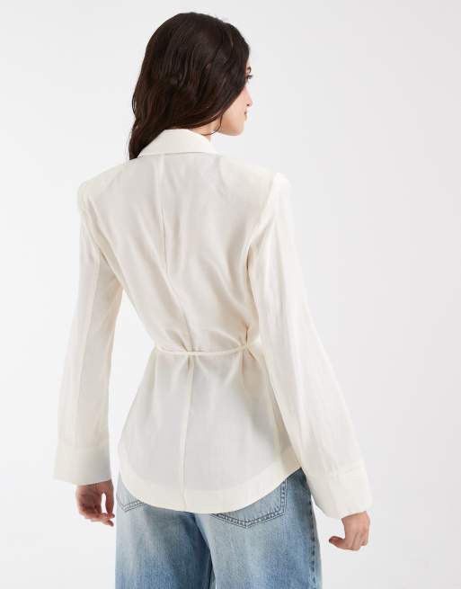 ASOS DESIGN shoulder pad tie waist soft blazer in cream, 4 of 4
