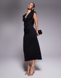 [ASOS DESIGN] ASOS DESIGN shoulder pad v neck gold button midi dress-Black 4 BLACK