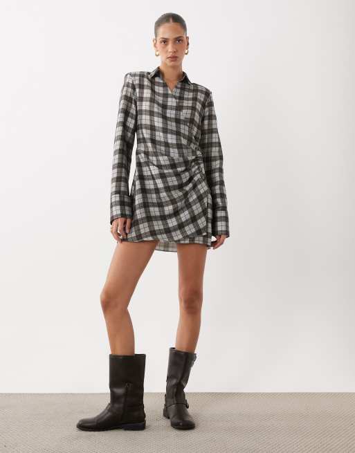 ASOS DESIGN shoulder pad wrap shirt mini dress with button detailing in blue check, 2 of 4