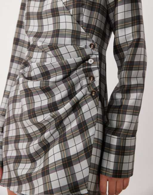 ASOS DESIGN shoulder pad wrap shirt mini dress with button detailing in blue check, 3 of 4