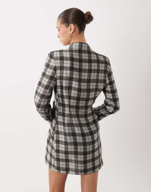 ASOS DESIGN shoulder pad wrap shirt mini dress with button detailing in blue plaid, 4 of 4