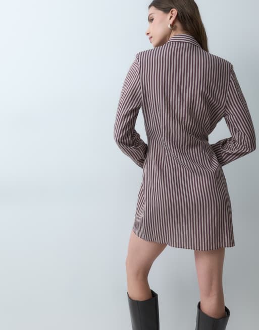 ASOS DESIGN shoulder pad wrap shirt mini dress with button detailing in red stripe, 4 of 4