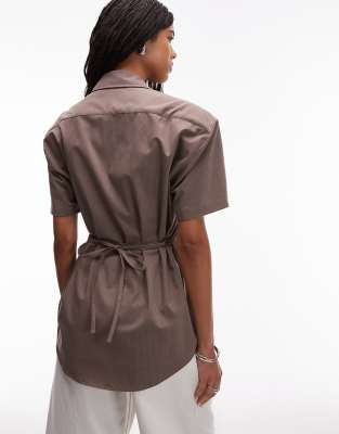 Asos Design Shoulder Pads Cinch Short Sleeve Shirt In Brown