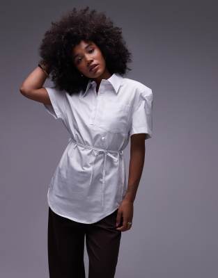 Asos Design Shoulder Pads Cinch Waist Polo Shirt In White