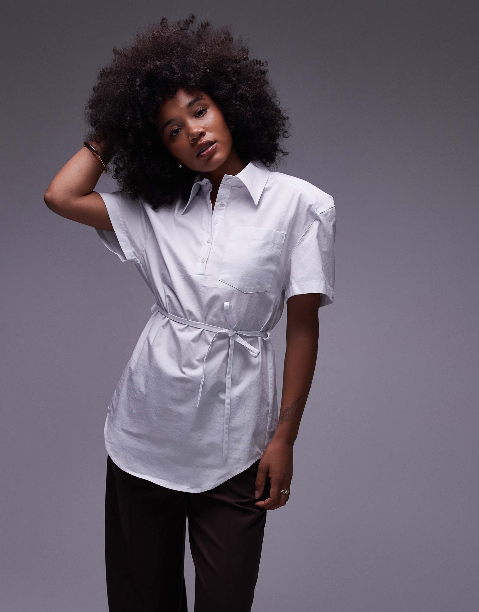 asos design shoulder pads cinch waist polo shirt in white