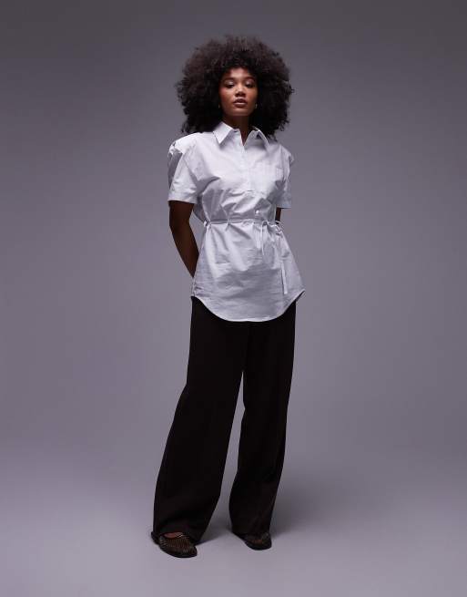ASOS DESIGN shoulder pads cinch waist polo shirt in white