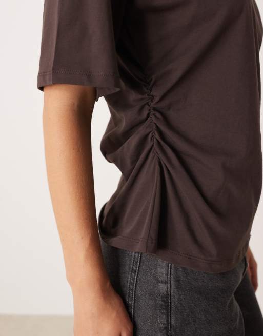 ASOS DESIGN shoulder pads cinched tee in chocolate brown, 2 of 4