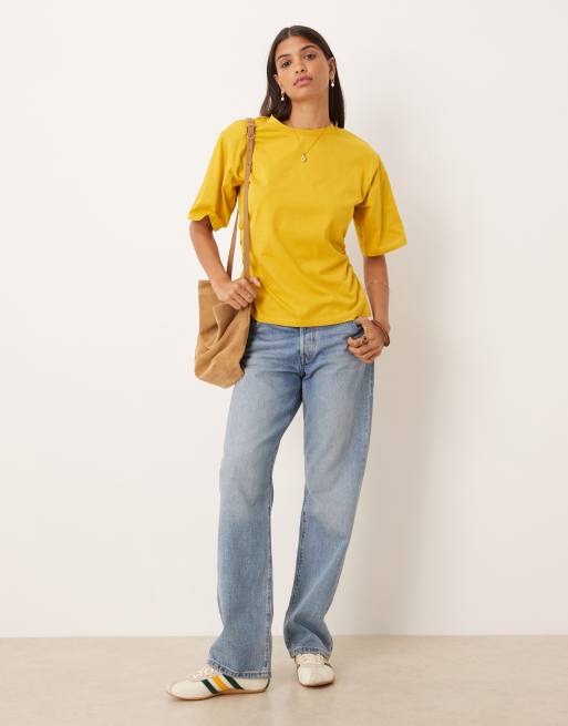 ASOS DESIGN shoulder pads cinched tee in ocher, 2 of 4