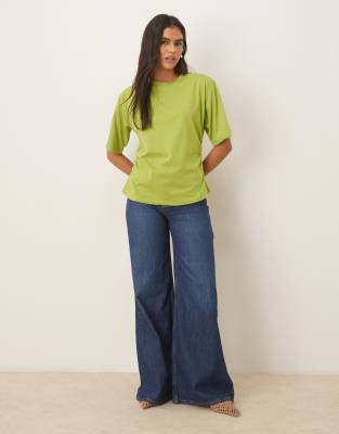 Asos Design Shoulder Pads Cinched Tee In Green