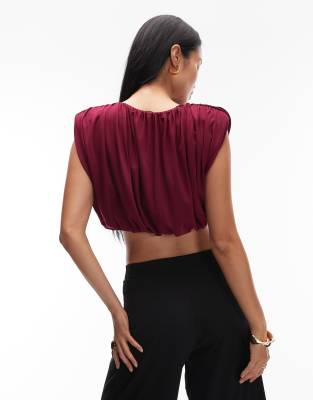 Asos Design Shoulder Pads Detailing Bubble Hem Top With Gathers In Purple