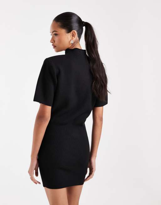 ASOS DESIGN shoulder pads short sleeve ruched dress in black, 2 of 4