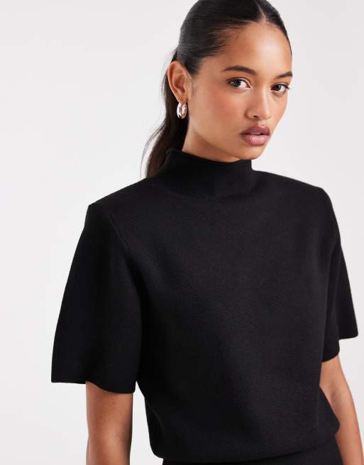 ASOS DESIGN shoulder pads short sleeve ruched dress in black, 3 of 4