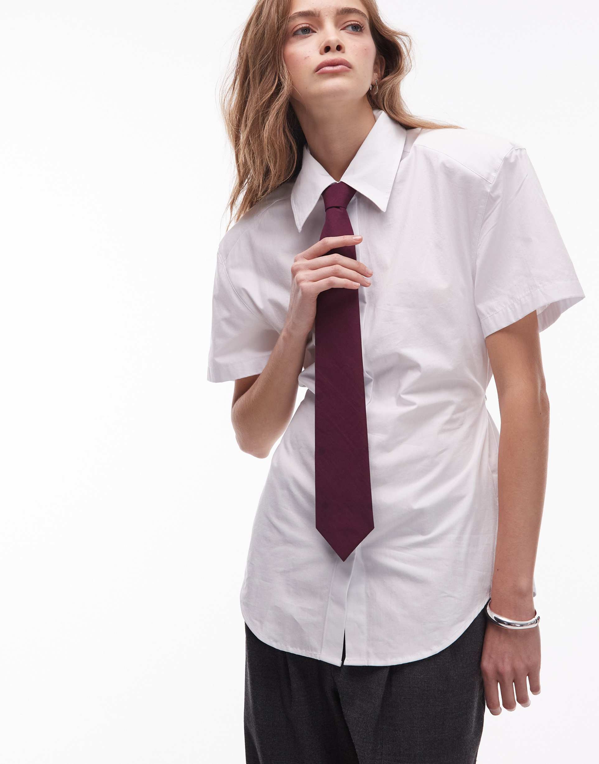 asos design shoulder pads short sleeve shirt with polka dot tie in white