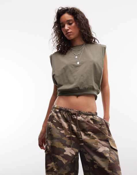 ASOS DESIGN shoulder pleats tank top in khaki green - view 1