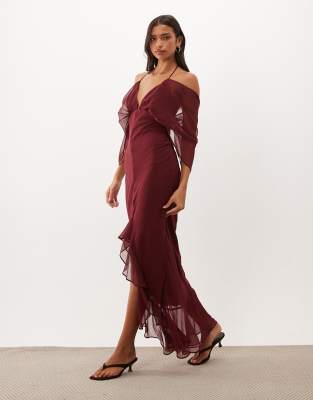 Asos Design Shoulder Skim Bias Hi-low Hem Maxi Dress In Burgundy