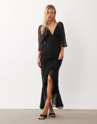 Asos Design Shoulder Skim Bias Hi-low Hem Maxi Dress In Black