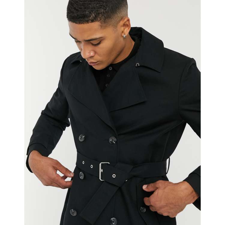 ASOS DESIGN shower resistant double breasted trench coat in black