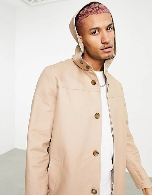 ASOS DESIGN shower resistant hooded trench coat in stone