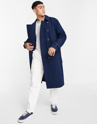 ASOS DESIGN shower resistant longline trench coat with belt in navy