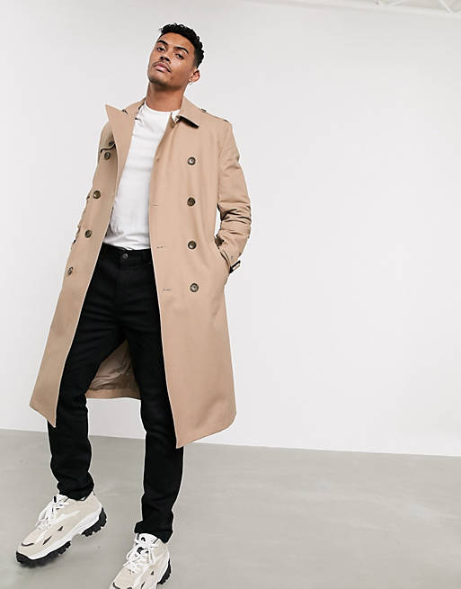 ASOS DESIGN shower resistant longline trench coat with belt in stone