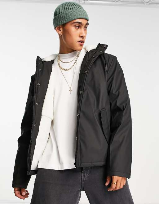 ASOS DESIGN shower resistant parka jacket with borg lining in black | ASOS