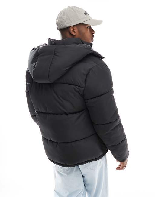 Black puffer jacket with detachable online hood