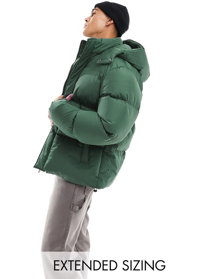 ASOS DESIGN shower resistant puffer jacket with detachable hood in forest green
