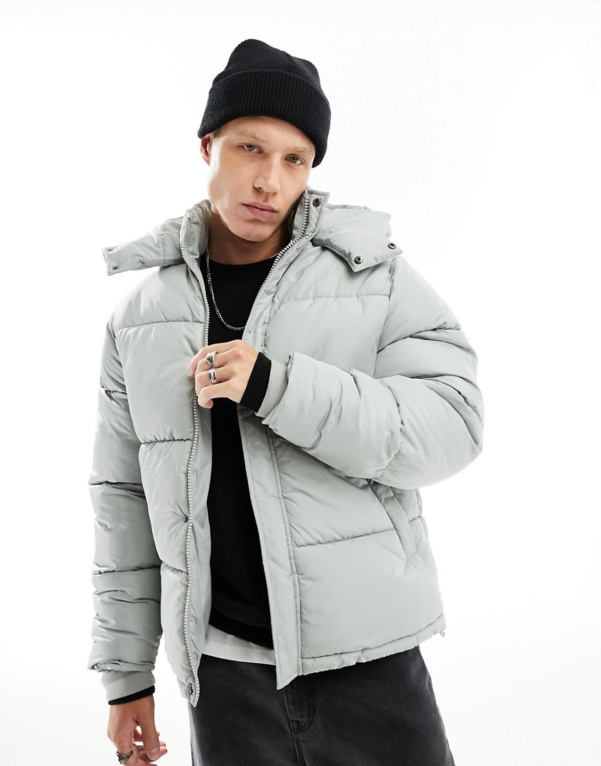 ASOS DESIGN shower resistant puffer jacket with detachable hood in grey