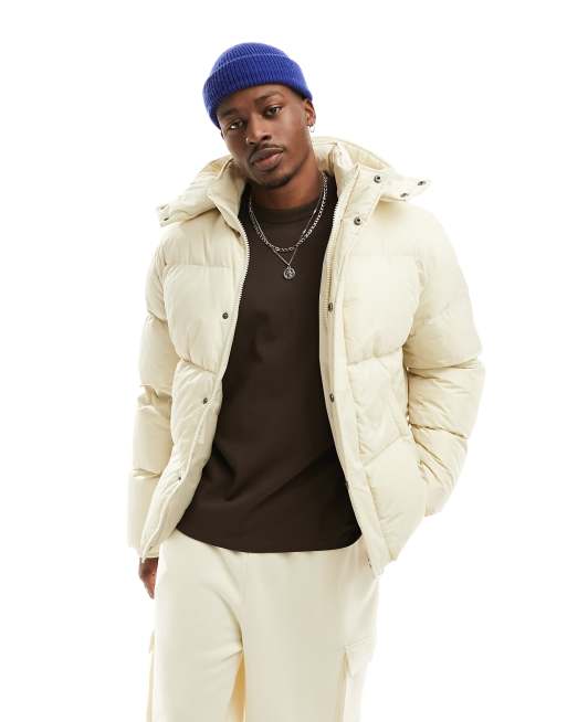 ASOS DESIGN shower resistant puffer jacket with detachable hood in off white