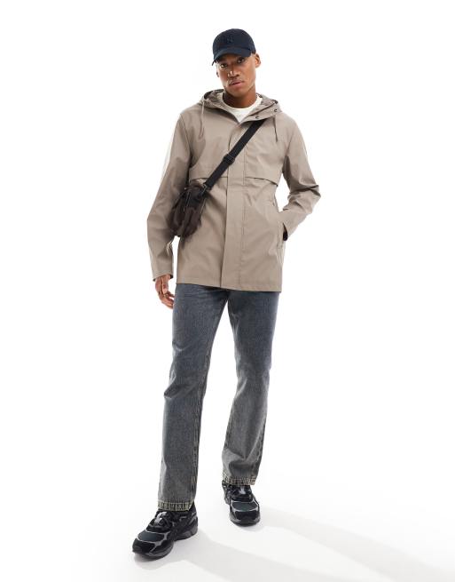 ASOS DESIGN shower resistant rubberised rain jacket in brown, 3 of 4