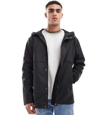 shower resistant rubberized rain jacket in black