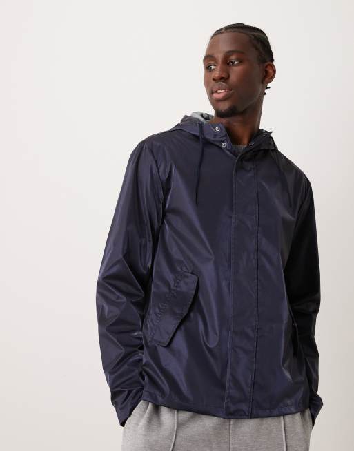 ASOS DESIGN shower resistant rubberized rain jacket in metallic blue