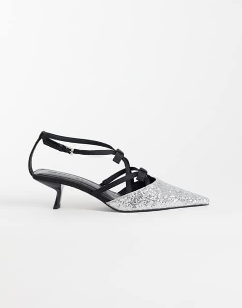 ASOS DESIGN Showgirl strappy bow mid heels in silver and black - view 1