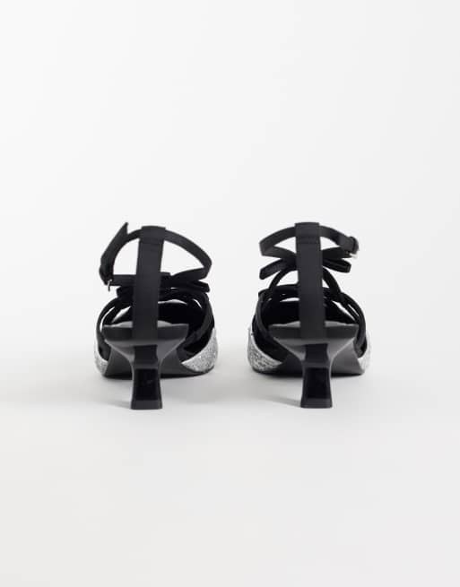 ASOS DESIGN Showgirl strappy bow mid heels in silver and black, 4 of 4