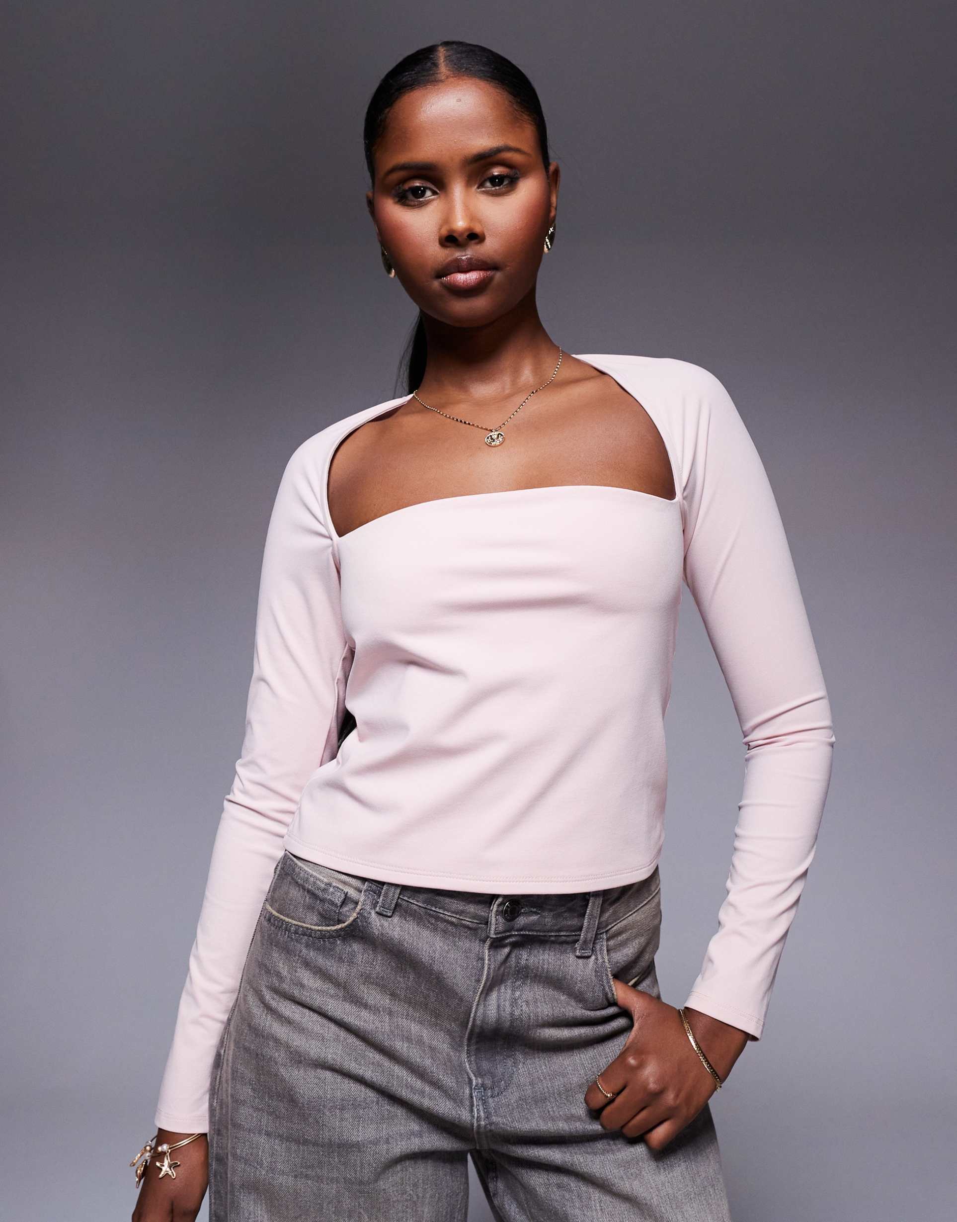 asos design shrug detail long sleeve top with curve bust in baby pink