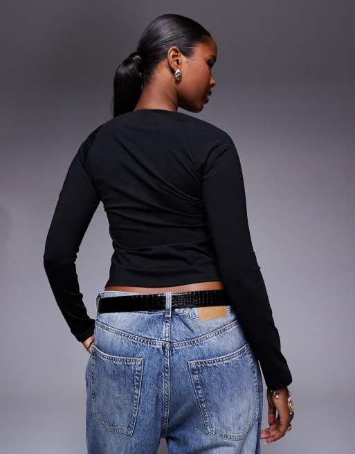 ASOS DESIGN shrug detail long sleeve top with curve bust in black, 4 of 4