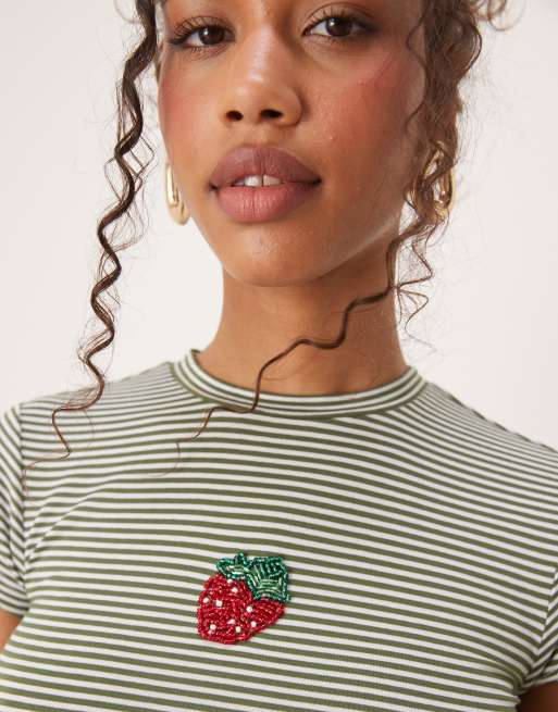 ASOS DESIGN shrunken baby tee with beaded strawberry graphic in green stripes