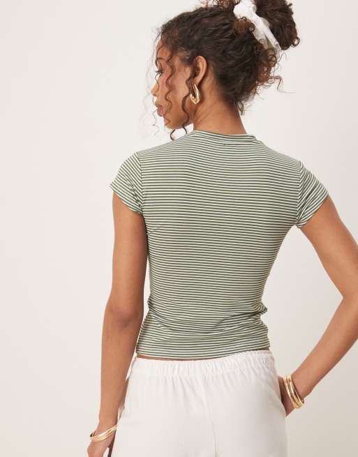 ASOS DESIGN shrunken baby tee with beaded strawberry graphic in green stripes