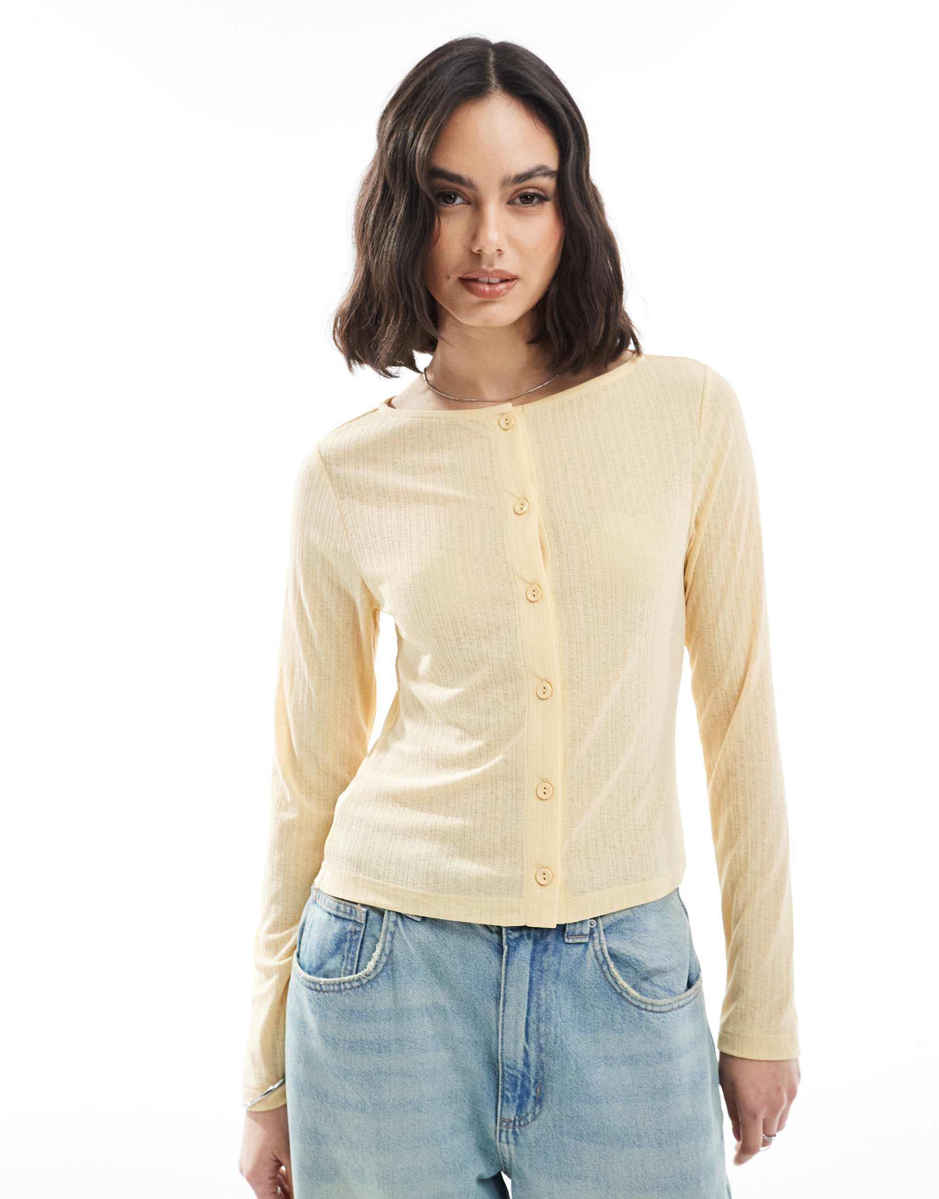 asos design shrunken button up dry handle ribbed cardigan in buttermilk