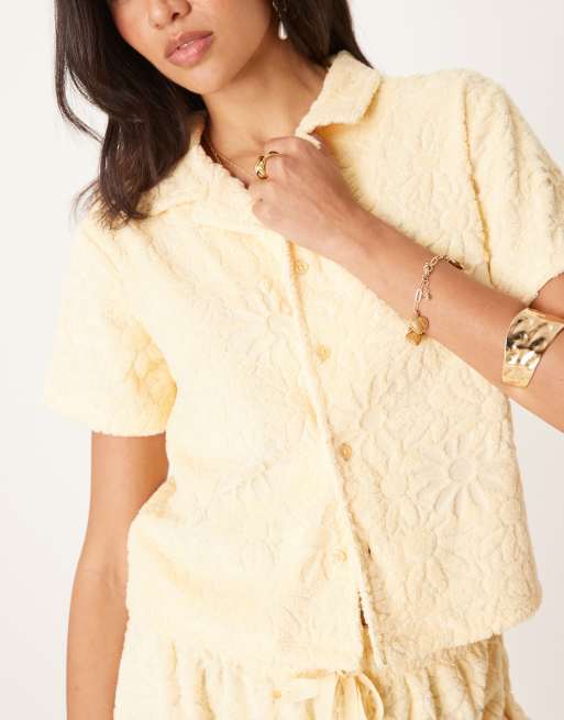 ASOS DESIGN shrunken camp collar shirt in floral texture terrycloth in yellow - part of a set