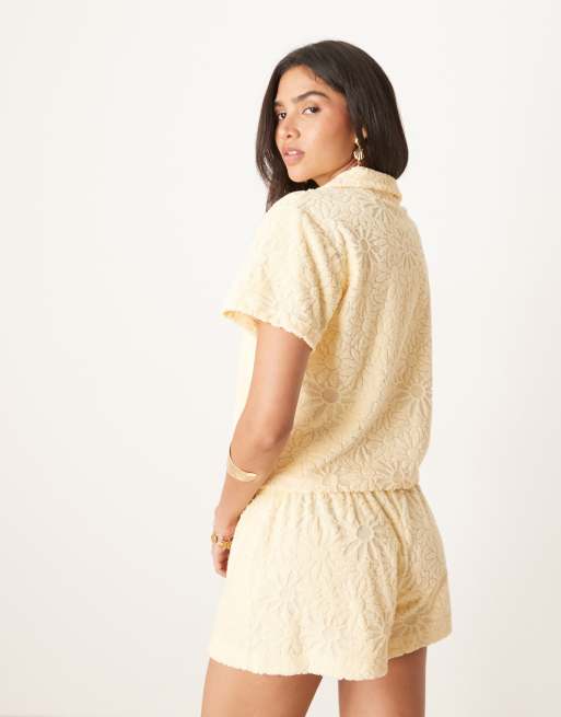ASOS DESIGN shrunken camp collar shirt in floral texture terrycloth in yellow - part of a set