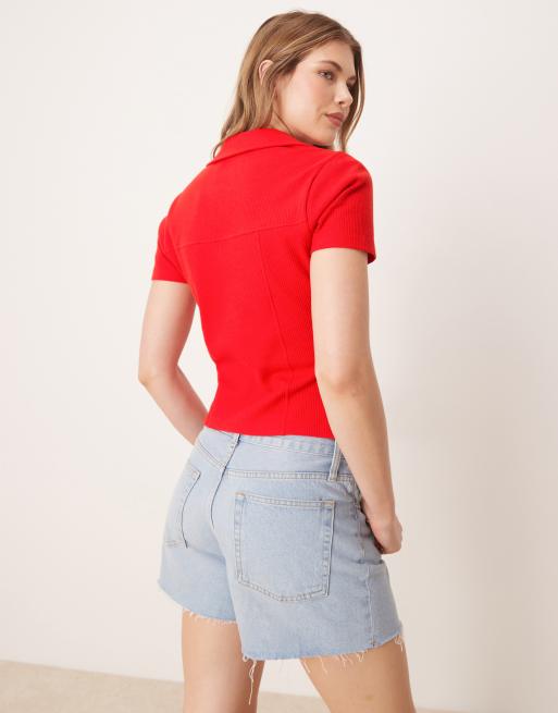 ASOS DESIGN shrunken camp collar waffle shirt in red