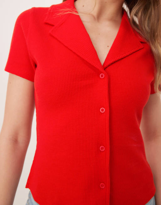 ASOS DESIGN shrunken camp collar waffle shirt in red