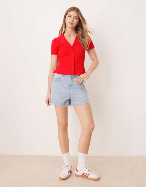 ASOS DESIGN shrunken camp collar waffle shirt in red